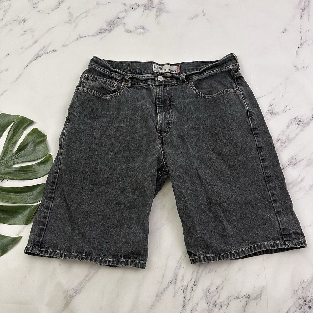 Levis Mens Loose Straight Jean Shorts Size 34 Black Wash Denim Jorts Stretch